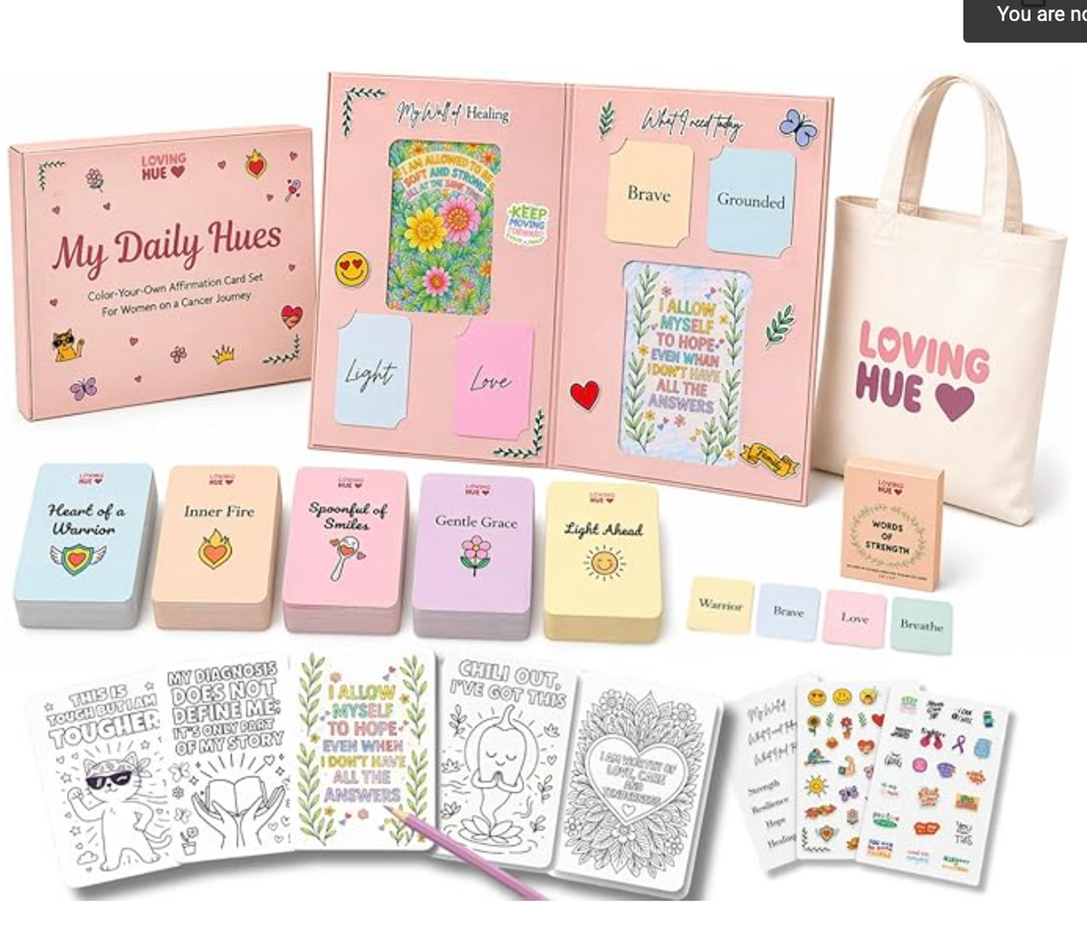 Color-Your-Own Affirmation Card Set - Cancer Care Gifts for Women with 50 Coloring Cards, Words of Strength Cards, Display Board, Stickers & Tote Bag - Chemotherapy Must Haves